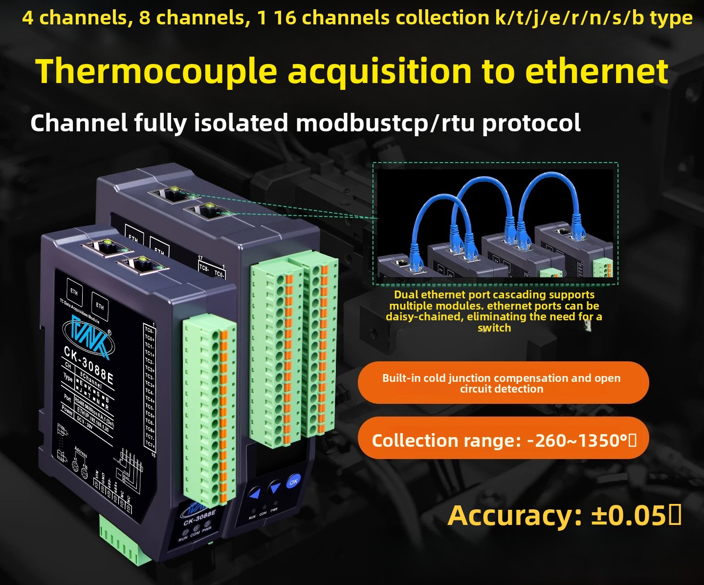 Power Over Ethernet - 8CH Tamamen İzole Edilmiş K-Tipi Termokupl